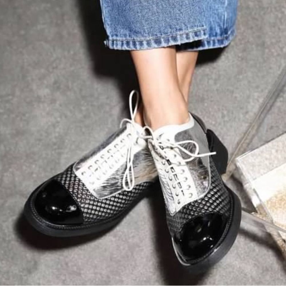 CHANEL Black and White Lace-Up Boots